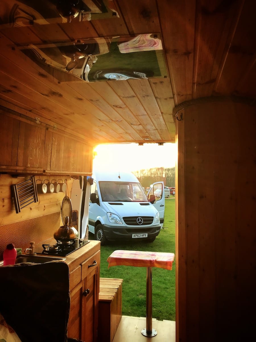 The inside of a hire campervan at a campervan festival