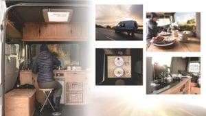 A collage of images showing the inside of the campervan. They include a woman's back who is sat to a table, the breakfast table, the kettle and hob as well as  a photo of the outside of the campervan