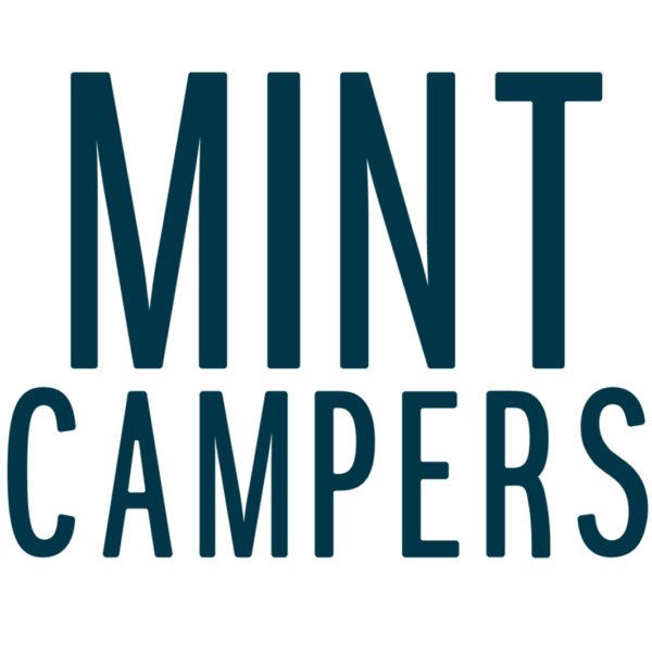 Bold, capitalized text in teal reads "MINT CAMPERS" against a transparent background. The bold, sans-serif font emphasizes the words, making them stand out clearly and prominently. There are no additional graphics or details in the image.