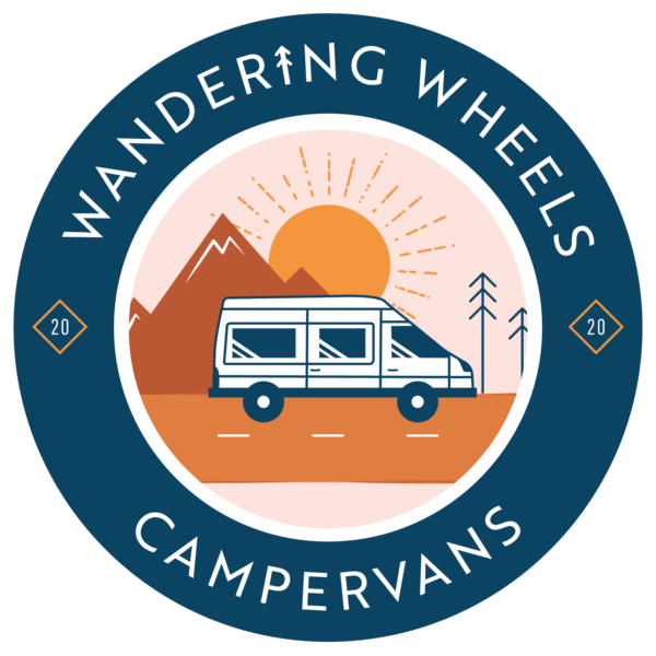 A circular logo with "Wandering Wheels Campervans" around the edge. Inside, a campervan is driving on a road with mountains, trees, and a sunburst in the background. There are diamond shapes on each side containing "20". The colors used are primarily blue, orange, and white.