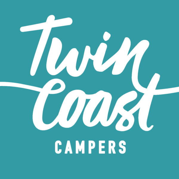 A teal square logo with the words "Twin Coast" written in cursive white text occupying most of the space. Below this, the word "Campers" is in uppercase white letters. The design is simple and striking against the solid teal background.