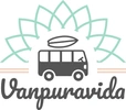 Logo featuring a black van with a surfboard on top, encompassed by a stylized green lotus design. Below the van, "Vanpuravida" is written in a playful, cursive font. The overall design suggests themes of travel, adventure, and a carefree lifestyle.