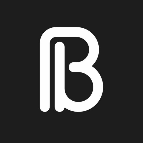 A minimalist, white, stylized "PB" logo is centered on a black background. The "P" and "B" are intertwined, sharing a vertical line. The overall design is clean, modern, with rounded edges and smooth lines.