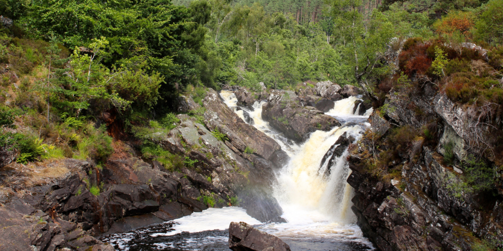 A picturesque waterfall cascades into a rocky basin surrounded by lush greenery. The water flows over dark rocks, creating a white frothy stream. Vegetation, including trees and bushes, densely covers the landscape with hints of a forested area in the background. The scene  encapsulates nature's raw beauty seamlessly.