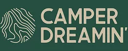 The image features the "Camper Dreamin'" logo. On the left, there is a circular, abstract design resembling topographic lines in light beige. To the right is the text "CAMPER DREAMIN'" in uppercase, also in light beige, set against a solid dark green background.