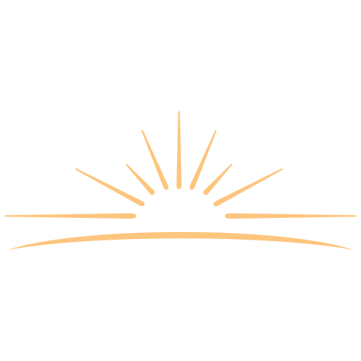 A stylized graphic of a sunrise with a semicircular sun at the bottom center and multiple straight lines radiating upwards, varying in length. The design is in a gold color on a transparent background.