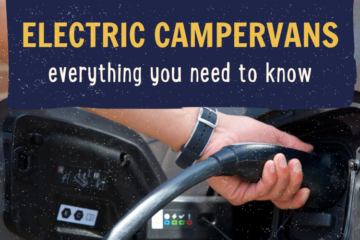 A person wearing a blue wristwatch is plugging a charging cable into an electric campervan. The top of the image features bold yellow text that reads "Electric Campervans" with white text underneath that says "everything you need to know." The background shows part of the vehicle's charging port.