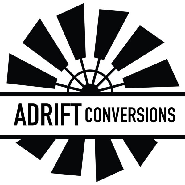 The image is a black and white logo for "Adrift Conversions." It features a stylized windmill with multiple blades depicted in a circular arrangement. Across the windmill, there is a horizontal banner with the text “ADRIFT CONVERSIONS” in capital letters.