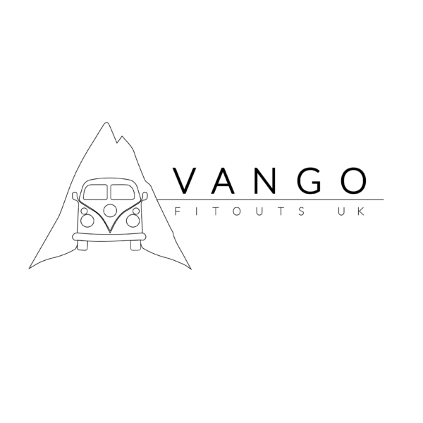 A minimalist logo for "Vango Fitouts UK" featuring a simple outline of a van front with rounded headlights and a distinctive 'V' shaped emblem on the hood, situated in front of a triangular mountain outline. The company name is to the right, with "Vango" in bold and "Fitouts UK" in smaller letters below.