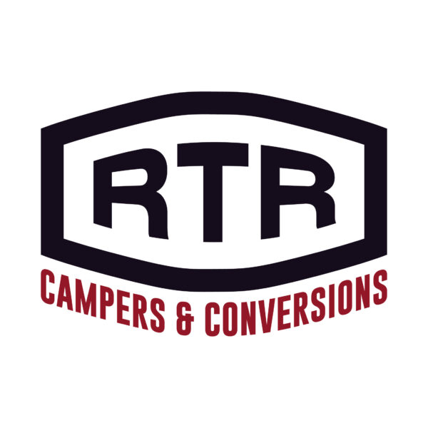 The image shows a logo with the initials "RTR" in bold, black capital letters inside a stylized, black-outlined hexagonal shield. Below the initials, the text "CAMPERS & CONVERSIONS" appears in red capital letters. The background is white.