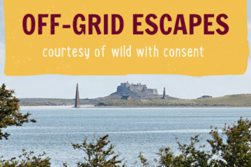 A serene landscape with a large body of water in the foreground. Across the water is an island with a historic castle and two tall structures. In the background, a yellow banner with maroon text reads "OFF-GRID ESCAPES courtesy of wild with consent." Trees and shrubs frame the scene.