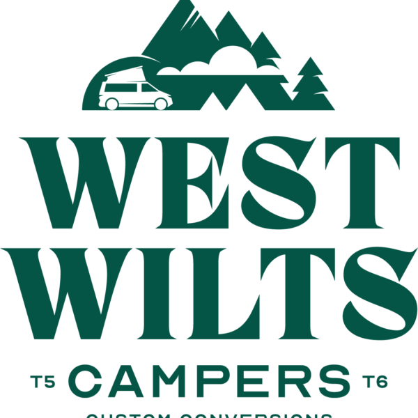 West Wilts Campers logo in green featuring a graphic of mountains, a camper van, and trees at the top. Below the image, the text reads "WEST WILTS" in large, bold letters, with "T5 • T6 CUSTOM CONVERSIONS" in smaller text underneath.