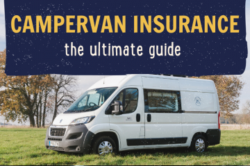 A white campervan is parked on a lush green field with trees and a cloudy sky in the background. At the top of the image, there is a dark blue banner with yellow and white text that reads: "Campervan Insurance: The Ultimate Guide.