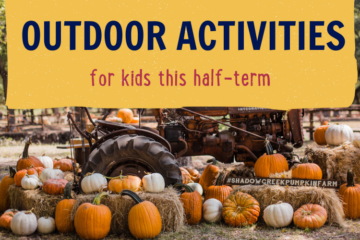 An outdoor autumn scene showcases a rusty tractor surrounded by hay bales and a variety of pumpkins. Text above the image reads, "OUTDOOR ACTIVITIES for kids this half-term," with a hashtag #SHADOWCREEKPUMPKINFARM at the bottom right corner.