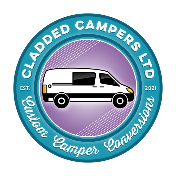 A circular logo for "Cladded Campers Ltd." with a white van icon in the center against a purple background. The outer teal ring features the text "Cladded Campers Ltd" at the top and "Custom Camper Conversions" at the bottom, with "Est. 2021" on either side.