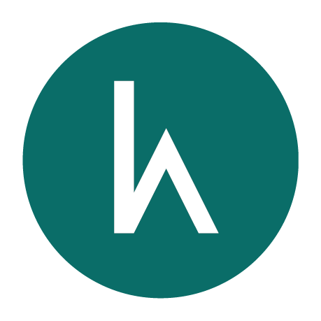 A teal circle contains a white, stylized lowercase 'k' where the vertical line is straight and the leg slants sharply to the right, creating a sleek, modern appearance. The background is plain white.