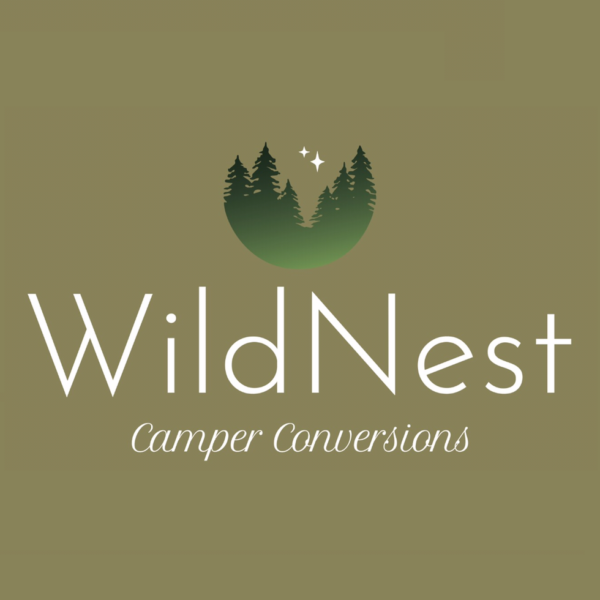 Logo for WildNest Camper Conversions on an olive green background. The text "WildNest" is written in large, white, bold letters with "Camper Conversions" in a smaller, cursive font below it. Above the text, there is a graphic of green pine trees with stars in a semi-circle.