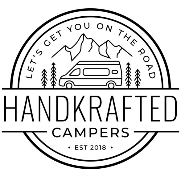 A circular logo features the text "LET'S GET YOU ON THE ROAD" around the top edge. Inside, there is an outline of mountains and trees with a camper van beneath them. "HANDKRAFTED CAMPERS" is prominently displayed in the center, with "EST 2018" at the bottom.