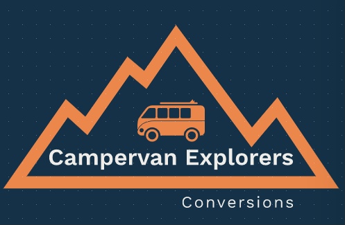 Logo for Campervan Explorers Conversions. The design features an orange outline of a mountain range with a small campervan in the center. The text “Campervan Explorers” is below the camper van and “Conversions” is at the bottom right. The background is dark blue.