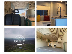 A collage of four images: the first shows a van's driver's seats and kitchen area; the second features a cozy seating space with yellow and red cushions; the third displays a scenic view with "LIVE SLOW" text overlay; the fourth presents the interior ceiling and storage of the van.