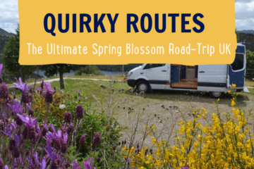 The image shows a scenic outdoor scene featuring a white camper van parked in a grassy area with its door open. In the foreground, purple and yellow flowers bloom vibrantly. Text on a yellow banner at the top reads, "QUIRKY ROUTES: The Ultimate Spring Blossom Road-Trip UK.