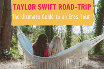 Two people sit together on a white hammock hung between trees in a forest. The individuals have their backs to the camera, one with dark hair and the other with blonde. Text at the top reads, "TAYLOR SWIFT ROAD-TRIP," and below it, "The Ultimate Guide to an Era's Tour," in a forest setting.